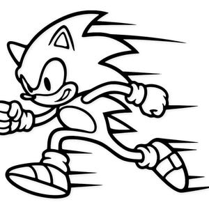 May include: A black and white illustration of Sonic the Hedgehog in a running pose. The character is depicted with spiky hair, gloves, and shoes, with motion lines suggesting speed. The image is a cartoon style drawing.