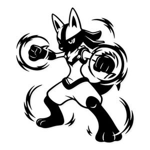 Op de afbeelding: Zwart-wit illustratie van een humanoïde wezen in een vechthouding. Het personage heeft puntige oren en een staart, met energie-effecten. De figuur draagt een korte broek en handschoenen, met energieringen om zijn vuisten.