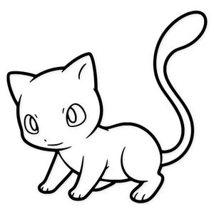 May include: A black and white cartoon illustration of a cat-like creature with large eyes and a long, curved tail. The creature is in a crouching position, with its front paws extended. The image has a simple, clean design.