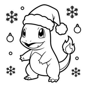 Op de afbeelding: Zwart-wit illustratie van een stripfiguur met een kerstmuts. Het personage heeft een vlam op zijn staart en is omringd door sneeuwvlokken en kerstballen, wat een feestelijk vakantiethema creëert.
