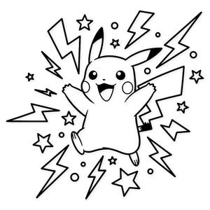 May include: A black and white illustration of Pikachu, a popular character from the Pokémon franchise. Pikachu is depicted with its arms outstretched, surrounded by lightning bolts and stars, conveying a sense of energy and excitement.