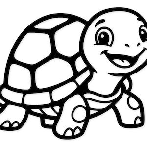 Può includere: Illustrazione a cartone animato in bianco e nero di una tartaruga sorridente. La tartaruga ha un guscio a motivi, quattro zampe e un'espressione amichevole. L'immagine è un design semplice e pulito, perfetto per prodotti per bambini o materiali didattici.