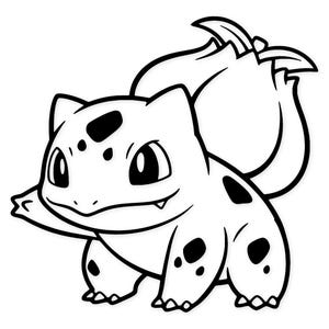 Könnte beinhalten: Schwarz-Weiß-Illustration von Bulbasaur, einem Pokémon-Charakter. Das Bild zeigt die charakteristischen Merkmale der Figur: große Augen, eine Knolle auf dem Rücken und Flecken. Ein beliebtes Pokémon.