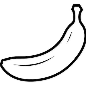 Può includere: Illustrazione in bianco e nero di una banana. La banana è curva con un spesso contorno nero e un gambo nero. Una singola linea nera corre lungo la lunghezza della banana.