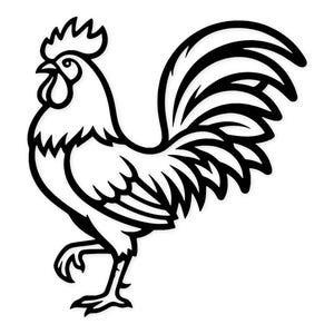 Puede incluir: Ilustración en blanco y negro de un gallo. El gallo se representa de perfil, con la cabeza ligeramente girada hacia la izquierda. Está de pie con una pata levantada y las plumas de la cola extendidas.
