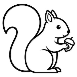 May include: A black and white cartoon illustration of a squirrel holding an acorn. The squirrel has a large, fluffy tail and is drawn with thick, bold lines. The acorn is held in its paws.