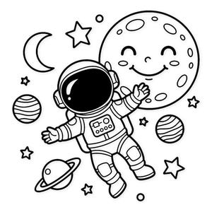 Pode incluir: Ilustração em preto e branco de um astronauta flutuando no espaço. O astronauta está rodeado por estrelas, planetas, uma lua crescente e uma lua sorridente. O astronauta está usando um traje espacial com um capacete.