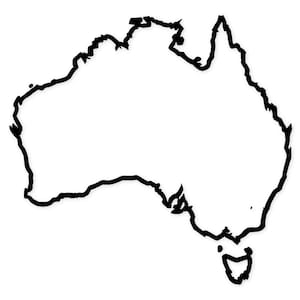 Puede incluir: Un contorno en blanco y negro del continente australiano, incluida Tasmania. La imagen es un dibujo lineal simple, con un relleno blanco y un borde negro grueso. La forma es fácilmente reconocible.