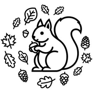 May include: A black and white line drawing of a squirrel holding an acorn, surrounded by leaves, acorns, and pinecones. The design is simple and graphic, perfect for fall-themed crafts or decor.