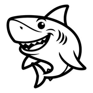 Pode incluir: Ilustração de desenho animado em preto e branco de um tubarão sorrindo. O tubarão tem um sorriso grande e dentuço, uma barbatana dorsal e uma barbatana caudal. A imagem é um design gráfico simples.