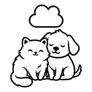 Könnte beinhalten: Schwarz-weiße Illustration einer Katze und eines Hundes, die zusammen sitzen, mit einer Wolke darüber. Die Katze ist flauschig und der Hund hat Schlappohren. Beide Tiere haben geschlossene Augen und lächeln, was Freundschaft und Geborgenheit vermittelt.