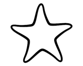 Könnte beinhalten: Eine schwarze Umrisszeichnung eines fünfzackigen Sterns auf weißem Hintergrund. Der Stern hat abgerundete Kanten, was ihm ein lässiges, handgezeichnetes Aussehen verleiht. Die dicken schwarzen Linien definieren die Sternform.
