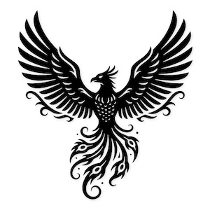 May include: A black phoenix design with outstretched wings, detailed with intricate feather patterns and decorative swirls. The bird is depicted in a symmetrical, stylized illustration against a white background.