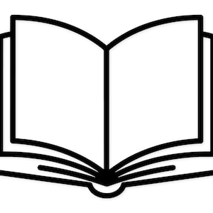May include: A black and white line drawing of an open book. The book is open to a double-page spread, with the pages appearing blank. The spine and edges of the pages are clearly defined with thick black lines.
