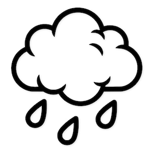 Puede incluir: Ilustración en blanco y negro de una nube con tres gotas de lluvia cayendo. La nube es blanca con un grueso contorno negro. Las gotas de lluvia tienen forma de lágrima y también tienen un grueso contorno negro.