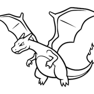 May include: A black and white line drawing of a dragon-like creature with large wings, a long tail with a flame at the end, and sharp claws. The creature is in a flying pose, with its wings spread wide.