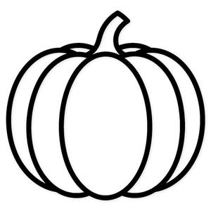 May include: A black and white line drawing of a pumpkin. The pumpkin has a rounded shape with vertical segments and a curved stem. The image is a simple, graphic representation of a pumpkin, often used for fall or Halloween-themed designs.