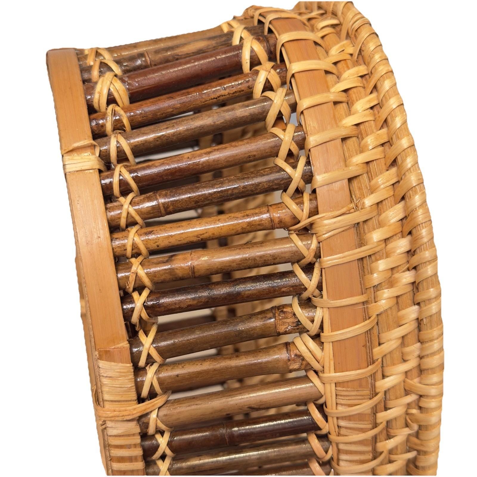 ヴィンテージオーバル編み竹＆籐バスケット 10x7x4 素朴な収納装飾