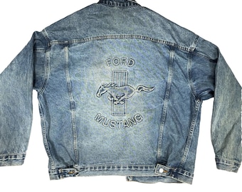 rare vintage 90's Ford Mustang denim Trucker Jacket Men's L embossed USA made