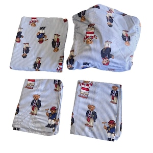 Juego de sábanas vintage Ralph Lauren Polo Bear a rayas de 4 piezas, fabricado en EE. UU.
