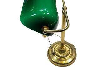 Vintage Bankers Desk Lamp with Emerald Green Glass Shade Brass Base & Pull Chain