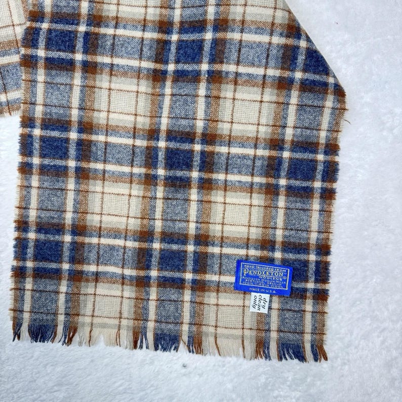 Vintage Pendleton Fringe Scarf 100% Virgin Wool Brown Tartan Plaid 58 x 11.5 USA image 2