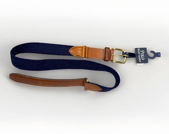 Vintage Polo Ralph Lauren Golf Belt 30" Navy Leather Tab Adjustable Brass Buckle