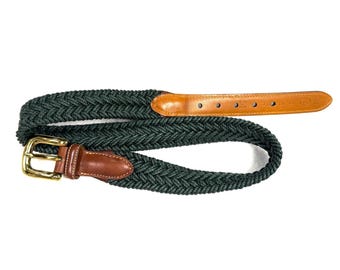 VTG Trafalgar Braided Belt Size 32 Green Leather Detail Brass Buckle USA Made