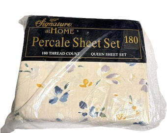 Signature at Home Percale Queen Sheet Set Beige Floral Cotton 180 Thread Count