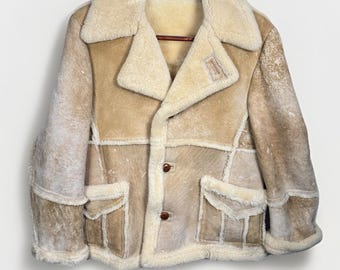Vtg Äkta Läder Shearling Fårskinnskappa 44R Rancher Western Herr Brun Tan