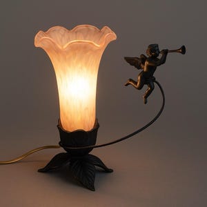 Vintage Cherub brass lamp Pink & white Lily Frosted glass shade with Angel