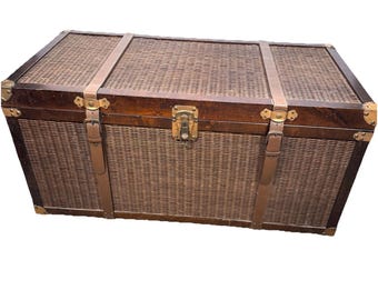 Vintage Large Wicker wood Storage Chest With Brass Corners Lock Rustic Style