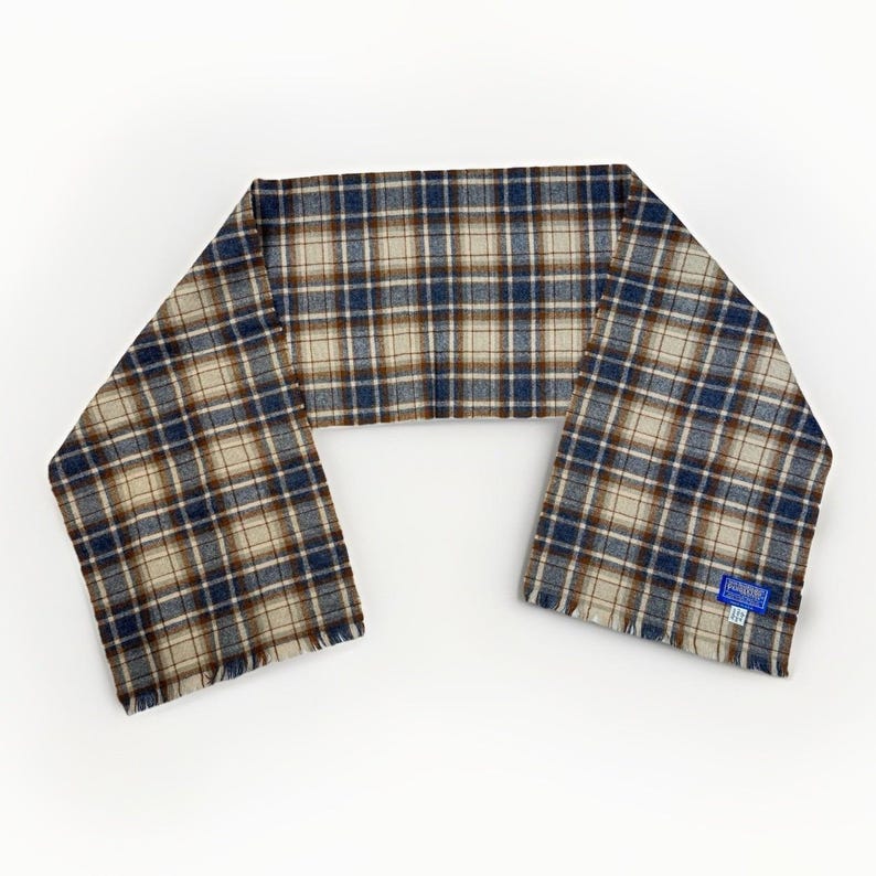Vintage Pendleton Fringe Scarf 100% Virgin Wool Brown Tartan Plaid 58 x 11.5 USA image 1