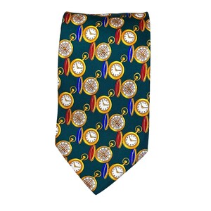 Vintage Burberrys Silk Neck Tie Green Pocket Watch Pattern Classic Made In Italy