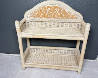 Vintage Boho 2-Tier Whitewashed Handwoven Rattan Wicker Shelf Stand Wall Hanging