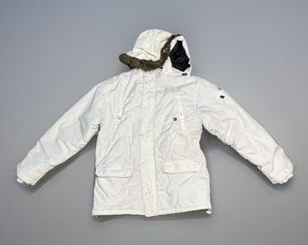 Vintage Y2K G Einheit Werkzeuge des Handels Parka Steppjacke Weiß Kunstpelz Kapuze L
