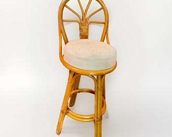 VTG Mid-Century Modern Round Upholstered Fabric Cushion Rattan Swivel Bar Stool