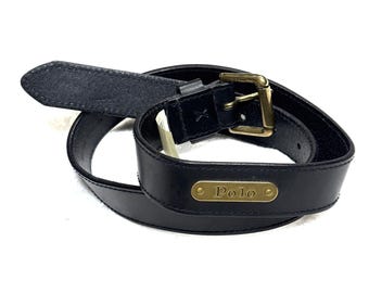 Cinturón vintage Polo Ralph Lauren talla 32, cuero genuino negro, hebilla de latón ajustable.