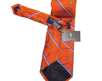 Polo Ralph Lauren 'The Polo Tie' Corbata de seda Naranja con rayas y bandera de golf Hecha en EE. UU. Nueva con etiquetas