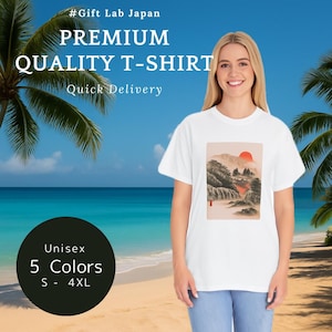 Japanese Sunrise Mountain T Shirt Vintage Ink Art Landscape Tee Red Sun Nature Scene Graphic Unisex Shirt Zen Style Japanese Gift