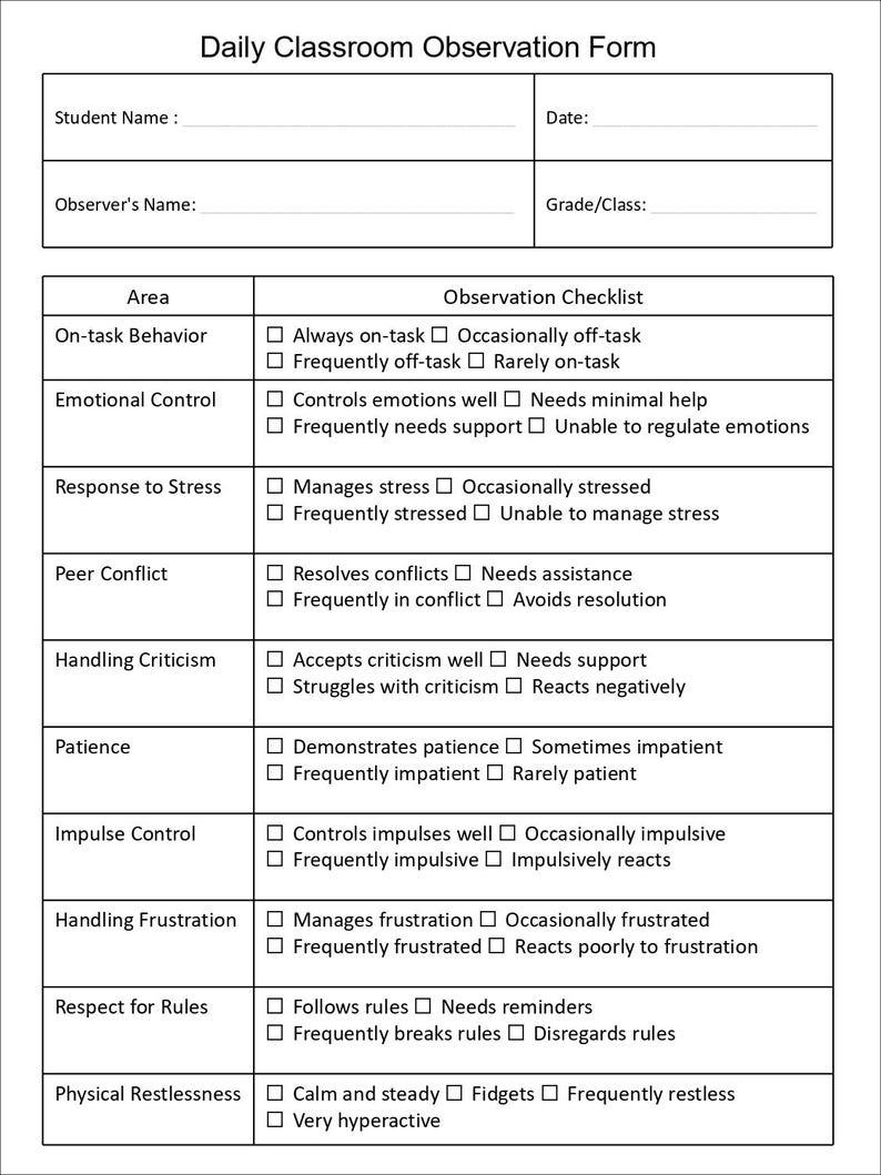 Classroom Observation Form for Special Educational Needs (SEN) - Etsy ...