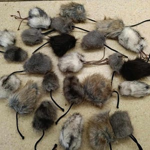 Puede incluir: Una colección de juguetes para gatos con forma de ratones. Los juguetes están hechos de piel sintética en varios colores, incluyendo gris, negro y marrón. Cada ratón tiene una cola de cuerda negra y algunos tienen bigotes de cuerda marrón.