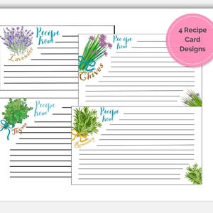 May include: Four recipe card designs featuring illustrations of lavender, chives, thyme, and rosemary. Each card has lined spaces for writing recipes and the words "Recipe from". A pink circle reads "4 Recipe Card Designs".