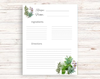 Könnte beinhalten: Weiße Rezeptkarte mit Aquarellillustrationen von Kräutern und Textfeldern für Rezeptdetails. Die Karte enthält Textfelder für Rezeptname, Quelle, Zutaten und Anweisungen, mit dekorativen Kräuterillustrationen.