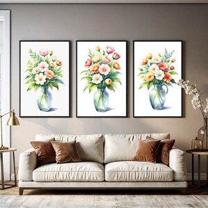 Arte de pared con jarrones de flores, póster imprimible de acuarela con flores mixtas, decoración botánica, juego de 3, descarga instantánea, 208