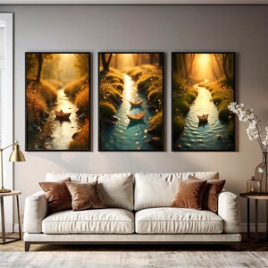 Arte de pared de barco de origami imprimible, paisaje de arroyo apacible, póster digital de naturaleza para una decoración tranquila, juego de 3, descarga instantánea 603