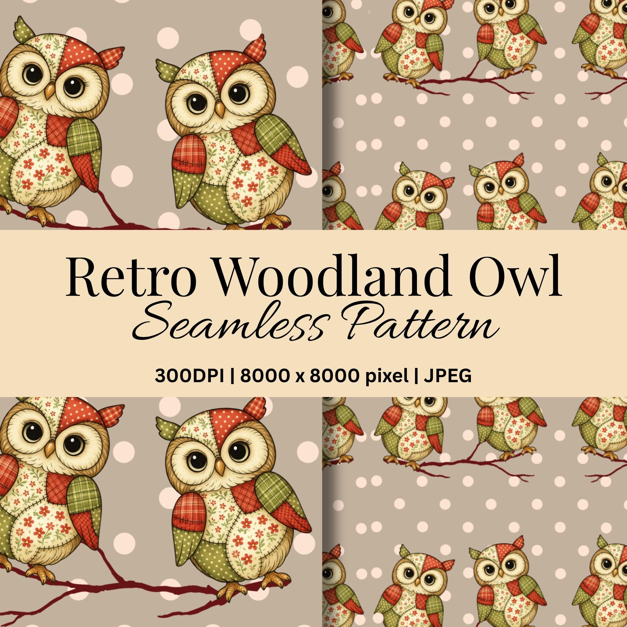 Patchwork Owl Seamless Pattern: Retro Polka Dot Woodland Background, Vintage Nursery Quilt & Wra