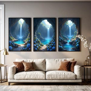 Póster digital de paisaje natural subterráneo imprimible con arte mural de cascada de cueva, juego de 3, descarga instantánea, 316