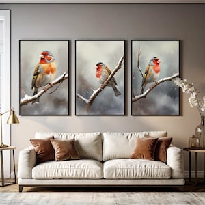 Set di 3 poster stampabili con uccelli invernali, rami innevati, decorazioni naturali digitali, poster rustici del bosco, download immediato 407