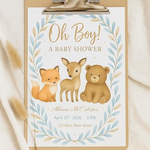 Woodland Baby Shower Bundle – Editable Invitation, Diaper Raffle Tickets & Thank You Card – Baby Fox Theme – Instant Download Printable Kit